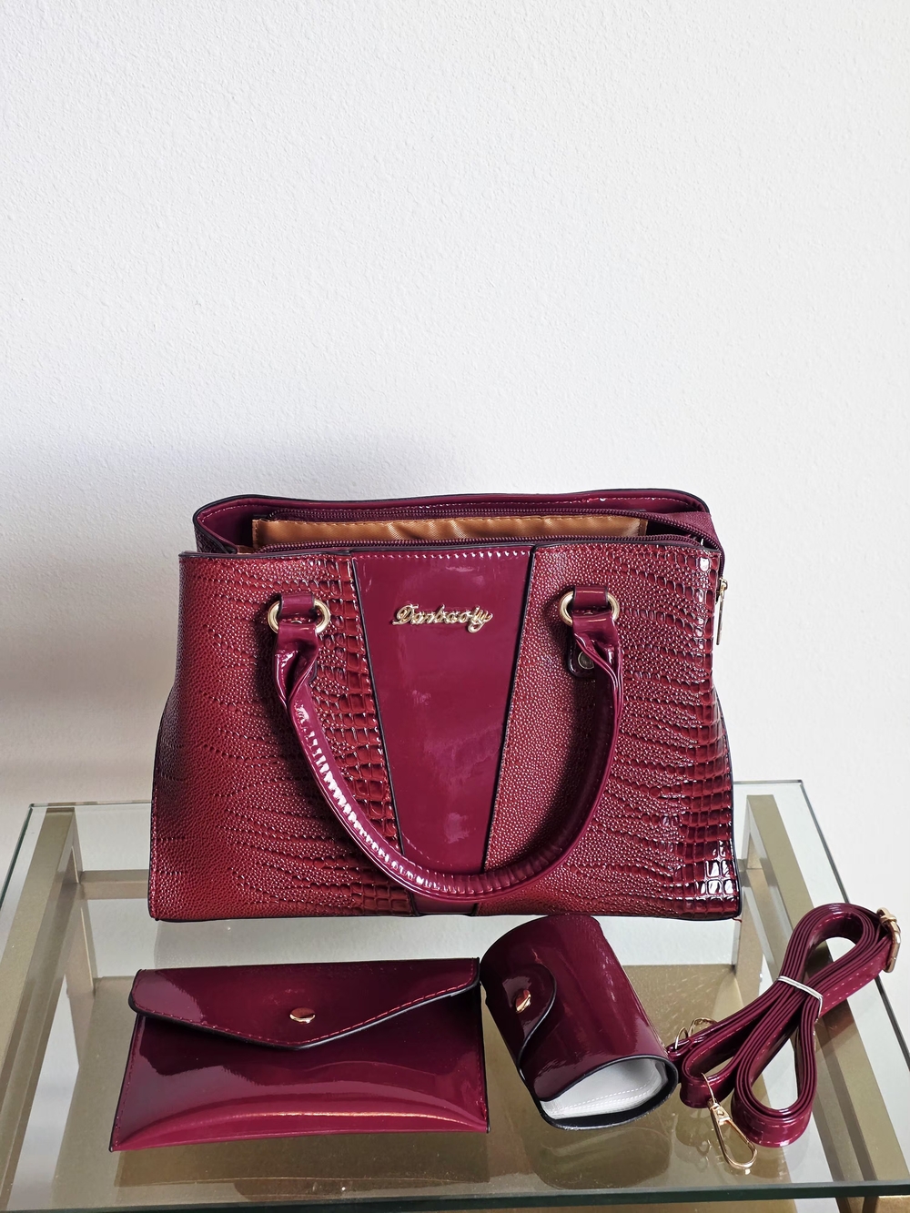 Women’s Burgundy Patent Satchel Handbag with Matching Accessories